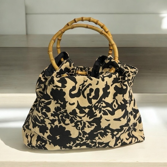 Vintage Black & Tan Tropical Print Purse with Bamboo Handles Hand Bag - Picture 1 of 9